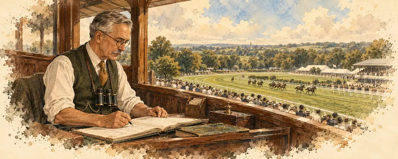 An elderly archivist writing in a ledger in a press box overlooking a busy racecourse