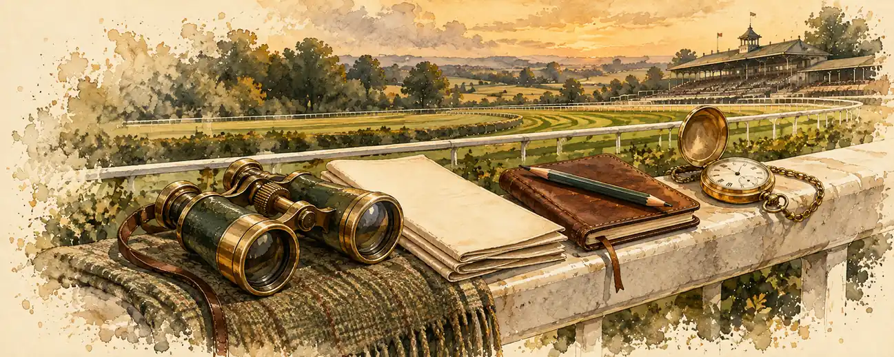 Binoculars, a racecard, a notebook and a pocket watch on a racecourse rail
