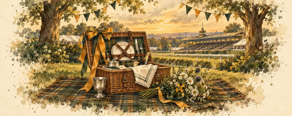 A picnic hamper with ribbons, a silver cup and flowers on a racecourse lawn