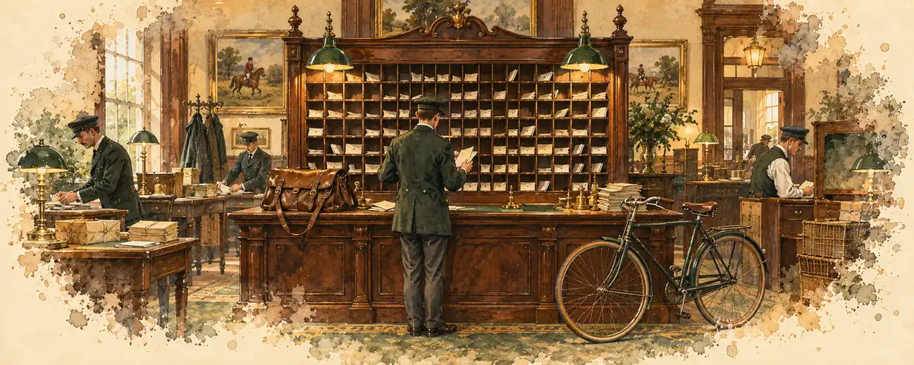 An Edwardian post room with a pigeonhole sorting cabinet, a satchel and a bicycle