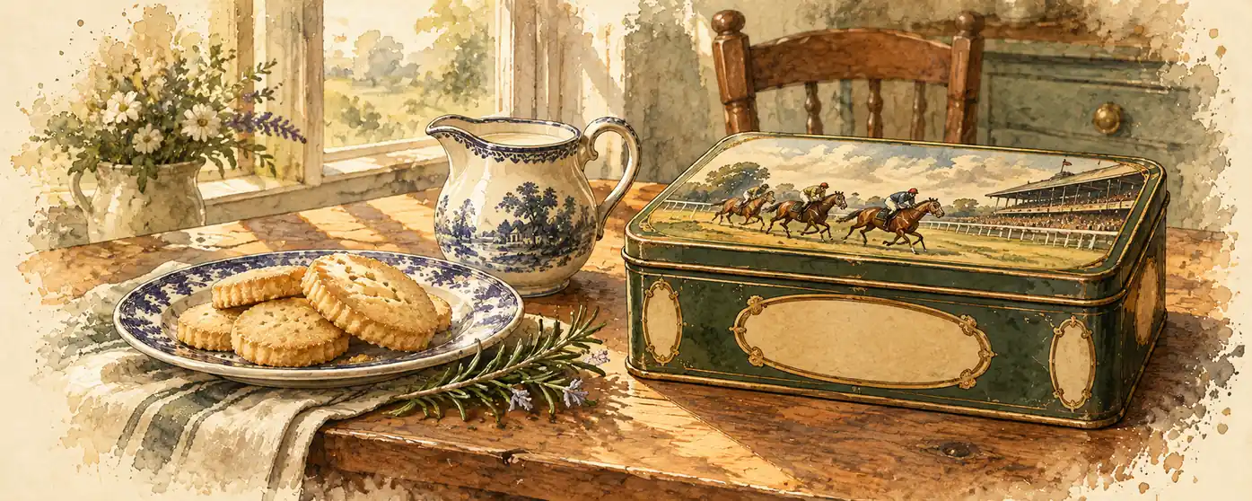 A painted racing biscuit tin, a milk jug and shortbread on a farmhouse table