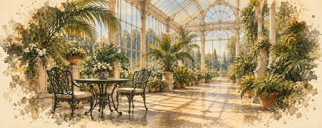 A sunlit Victorian glasshouse conservatory with palms and an empty wrought-iron table