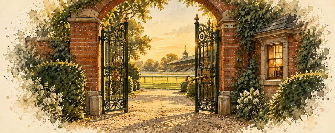 An ornate wrought-iron members' gate with a brass key in the lock