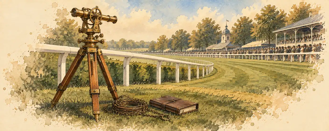 A brass surveyor's theodolite and measuring chain beside the white rail of a racecourse