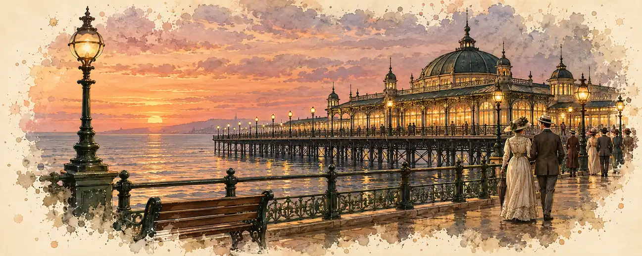 An Edwardian seaside pier pavilion with glowing lamps at dusk