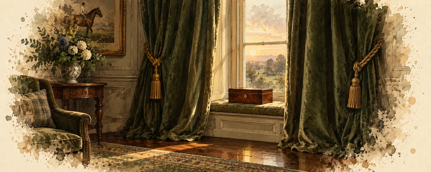 Heavy olive velvet curtains drawn across a tall window with a wooden box on the seat