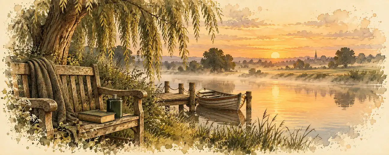 A wooden bench with a book and a flask beside a misty river at sunrise