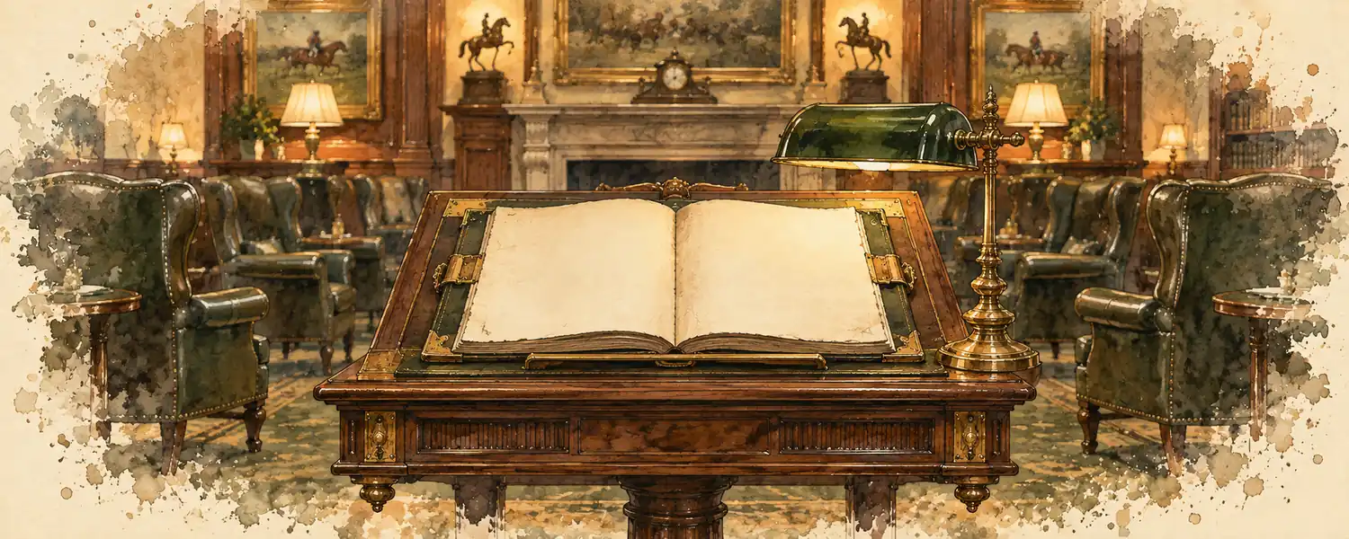 An open blank rule book on a brass-bound lectern in a panelled clubroom
