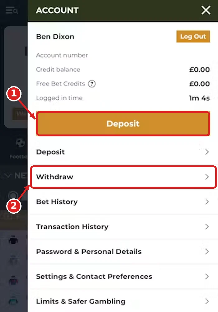 Gentleman Jim account menu with the Deposit button (1) and Withdraw option (2) marked with red arrows