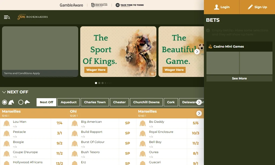 Gentleman Jim desktop homepage with racing, football and casino sections