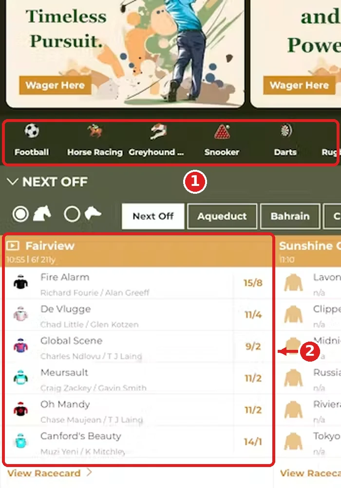 Gentleman Jim mobile screen with sports shortcuts (1) and a Next Off racecard (2) marked with red arrows