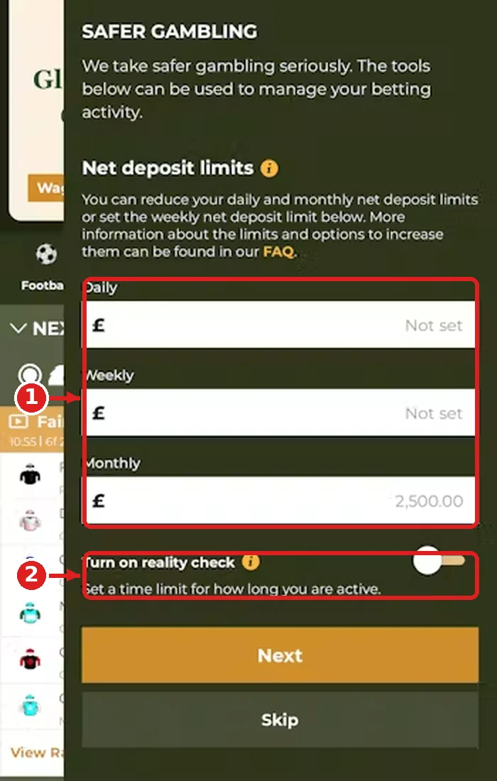 Gentleman Jim safer gambling screen with net deposit limits (1) and the reality check switch (2) marked