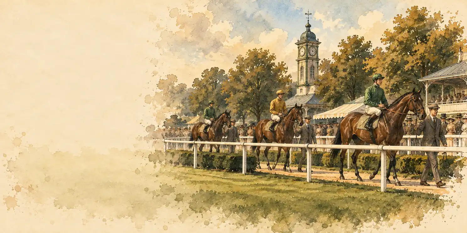 Watercolour of jockeys leading thoroughbreds around an Edwardian parade ring beneath a clock tower